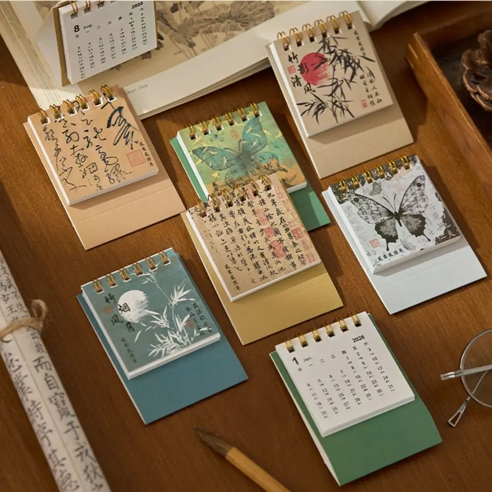 Month Date Display 2026 Mini Desk Calendar Chinese Style Ancient Monthly Planner Coil Binding Date Planner Horse Year Calendar