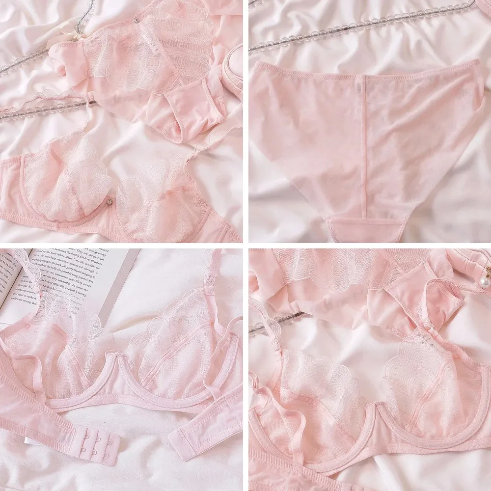 

Розовый кружевной комплект белья с металлическими кольцами и вышивкой, тонкие чашечки, милое женское белье