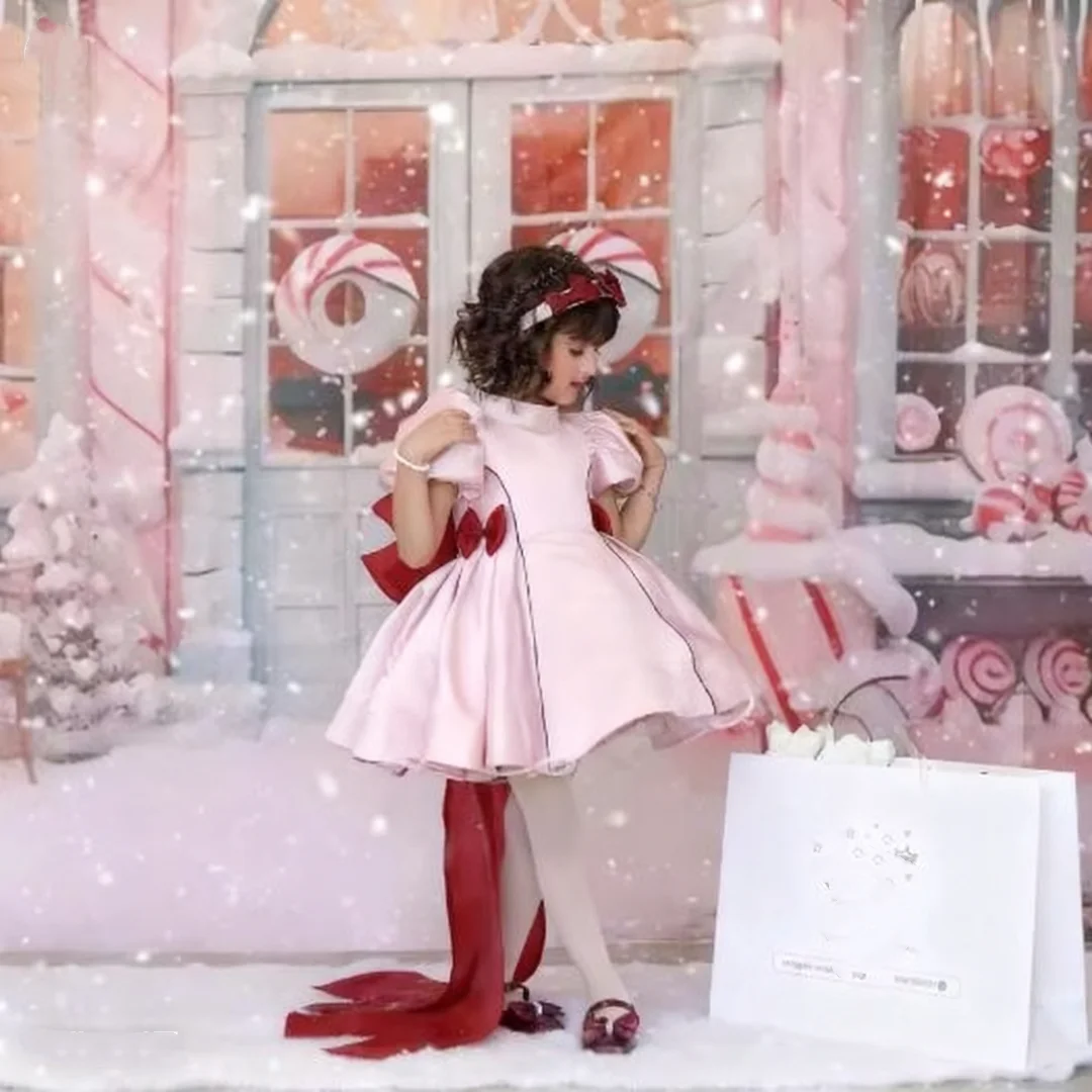 Pink Flower Girl Dresses for Wedding With Red Bows Lovely Baby Girl Birthday Dress First Communion Gowns Customized