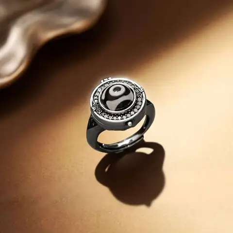 Tibetan Vintage Alloy Ring Openable Single Eye Agate Dzi Bead Inlaid Swastika Pattern Ethnic Finger Jewelry For Unisex