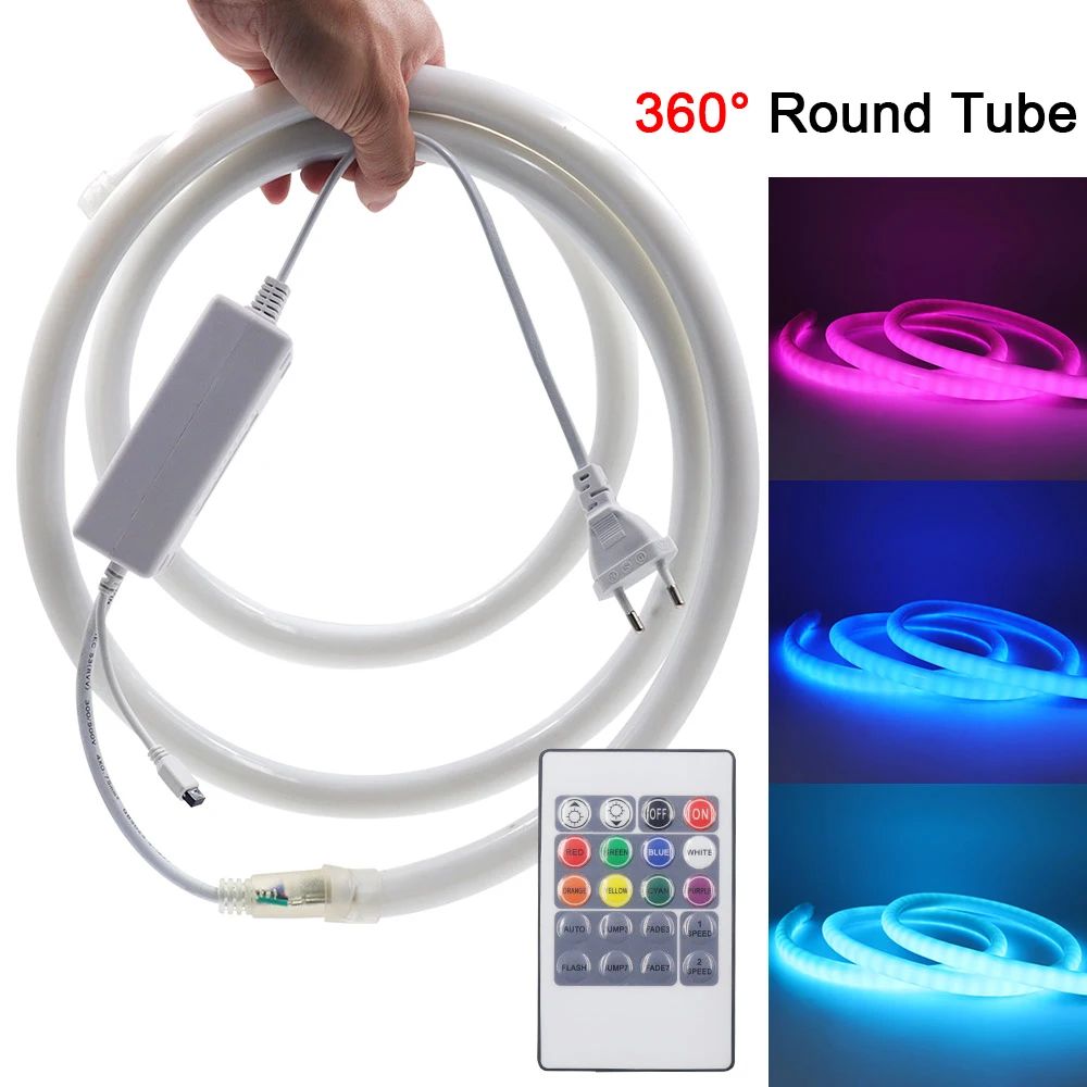 360 Round RGB Led Neon Rope Light Strip AC 220V 5050 2835 120Led/m 72 LEDs Flexible Silicone Tube Outdoor Decoration Waterproof