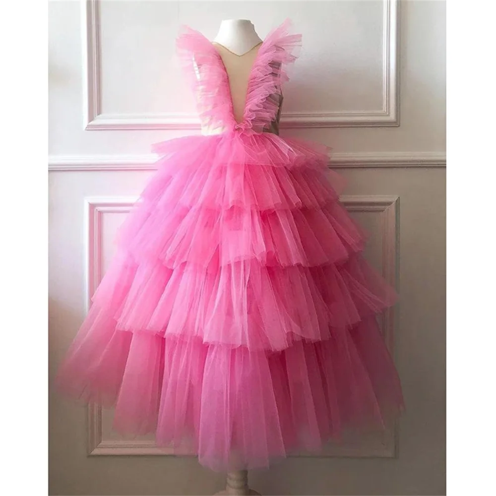 Pink Flower Girls Dresses for Weddings Baby Party Real Images Kids Photoshoot Baby First Communion Birthday Gowns