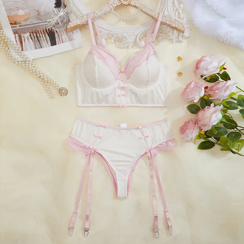 Sexy Floral Lace Bras Panties Set Deep V-neck Push Up Underwear Sexy Sweet Bow Knot Gather See-through Temptation Bra Thong Suit