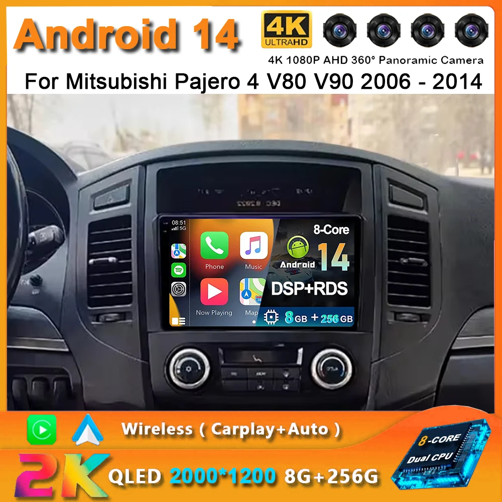 For Mitsubishi Pajero 4 V80 V90 2006 - 2014 2K QLED Android 14 Car Radio Multimedia Video Player GPS AI Voice CarPlay 4G