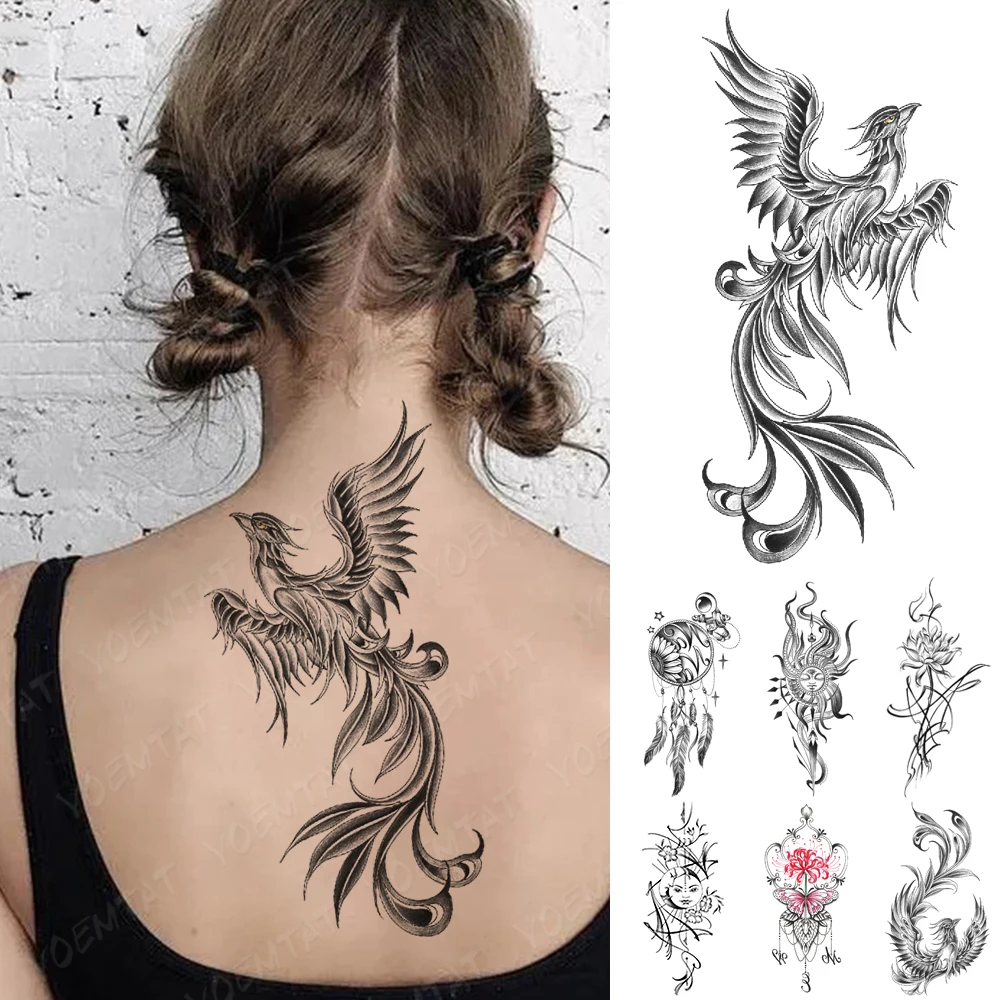 

Waterproof Temporary Tattoo Sticker Fire Phoenix Bird Dragon Animal Black Geometric Festival Body Art Arm Fake Tattoos Men Women