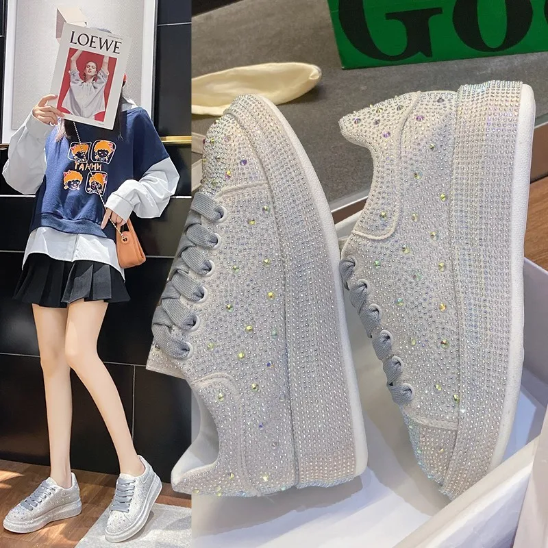 

High-quality Thick-soled Round-toe Lace-up Rhinestone Fashion Versatile Comfortable Anti-slip Breathable Casual Women's Shoes