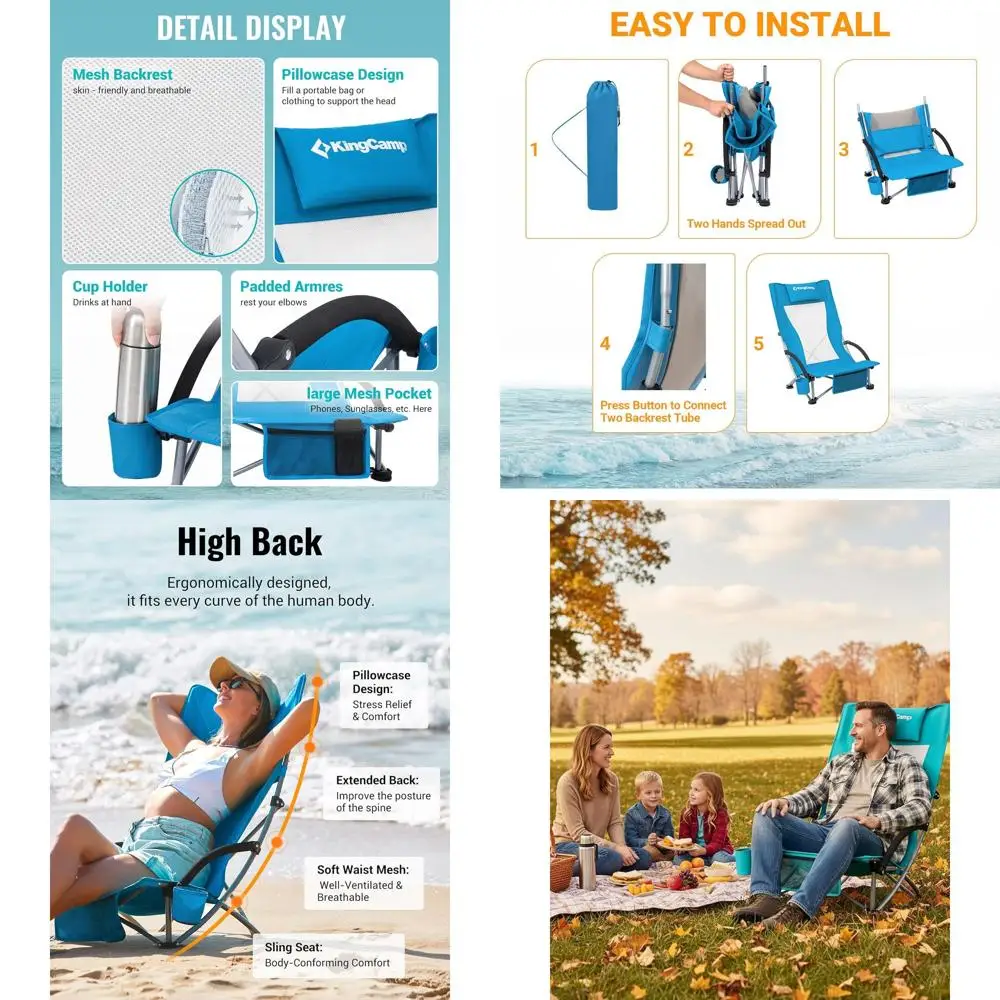 

Portable Heavy-Duty Low-Sitting Beach Chair for Adults - Supports 300lbs, Ideal for Beach, Picnics, and Outdoor Events