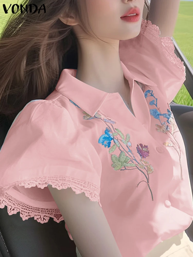 Lace Patchwork Women Shirt VONDA Fashion Floral Print Blouse Short Sleeve Summer Tops Tee Blusas Streetwear Female Tunic