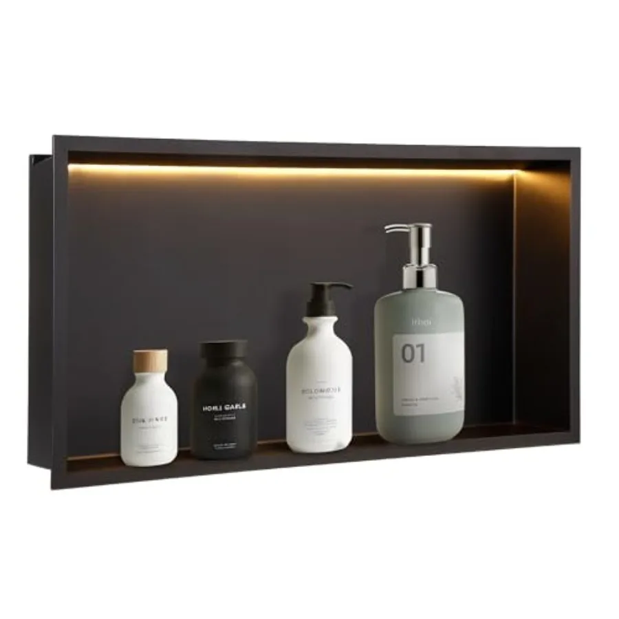 

Matte Black Nickel Recessed Shower Niche Non-dimmable LED Light 24" x 12" No-Tile Stainless Steel Built-in Wall for Bathroom Be