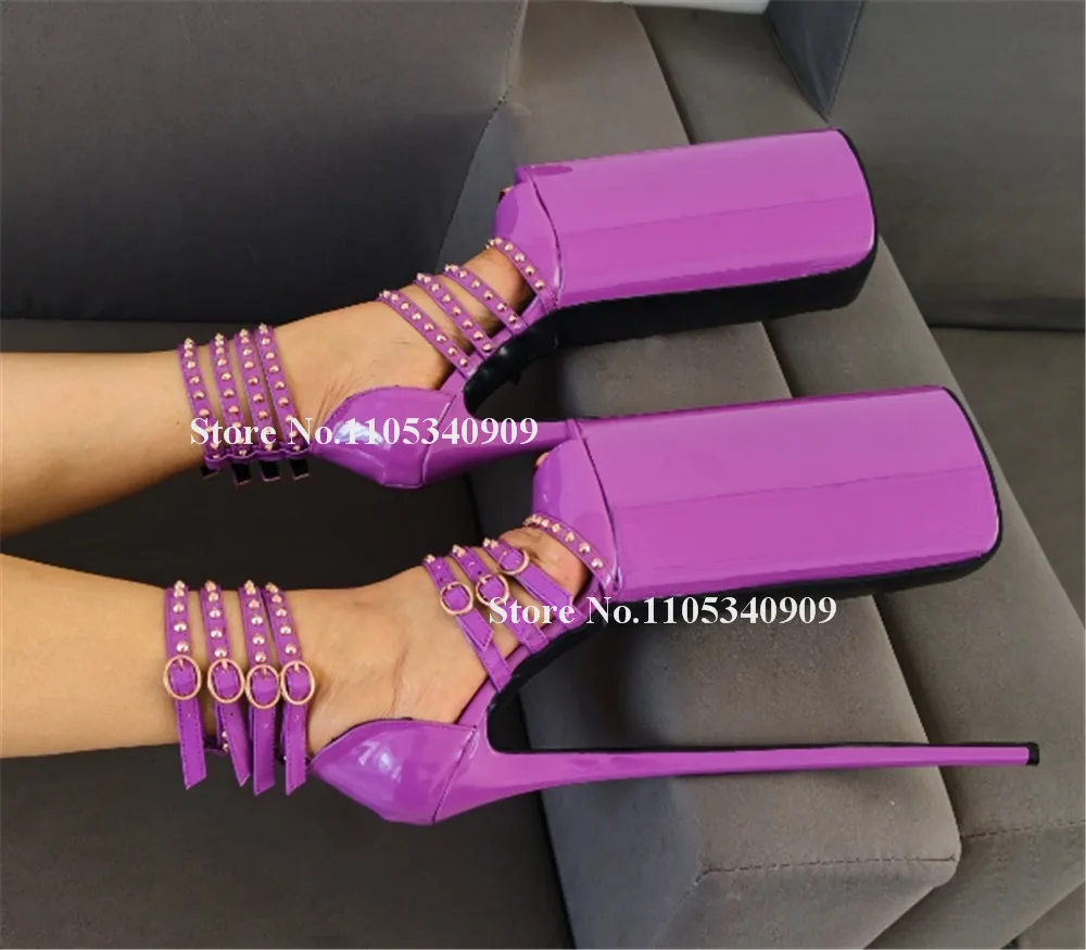 Bondarenko Sexy Purple Patent Leather Stiletto Heel Pumps Peep Toe Rivets Super High Platform Thin Heel 30cm Dance Shoes