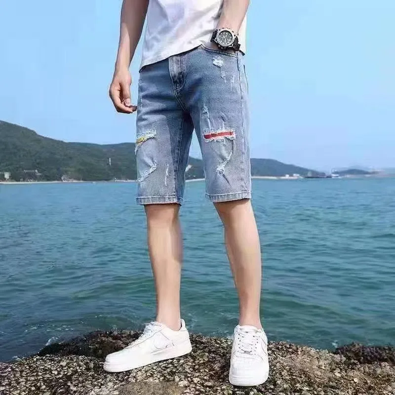 

Летние новые рваные джинсовые шорты для подростков, свободные прямые, из тонкой ткани, со средней посадкой, на молнии, повседневные, молодежные, модные