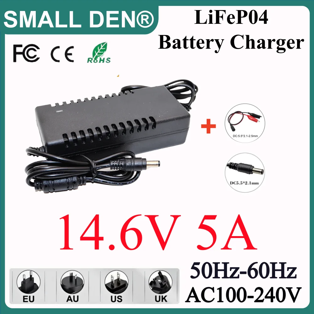 LiFePO4 14.6V 5A Charger 4Series 12V Lithium Iron Phosphate battery charger Adapter DC5.5*2.1/2.5mm Plug +Crocodile clip