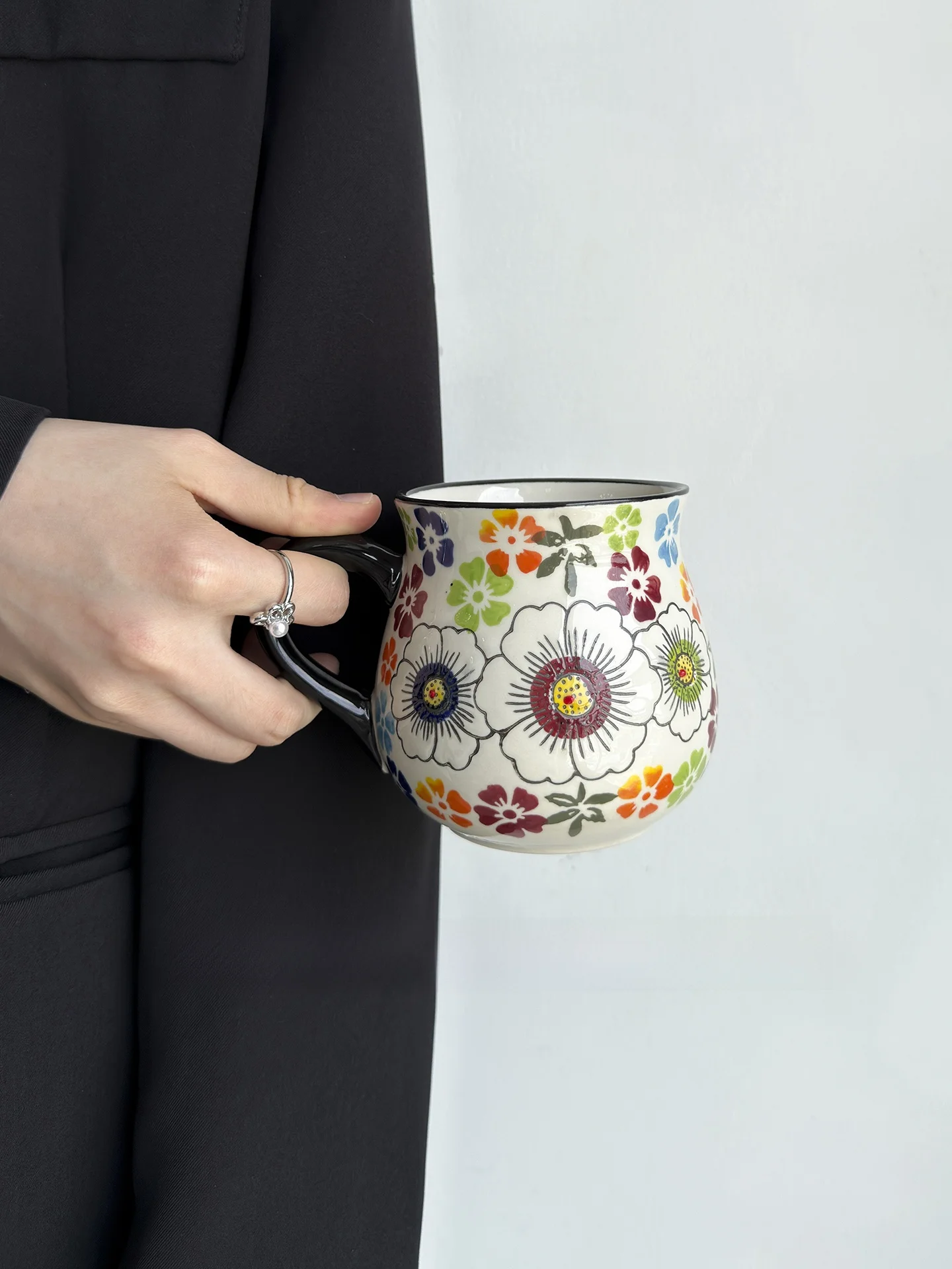 Retro Floral Ceramic Mugs Large Capacity Coffee Cups Afternoon Tea Water Cups Orange Half Cup Mountain Wild Flower Mugs