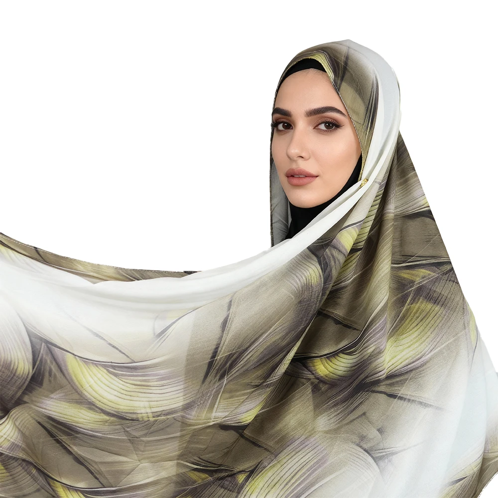 Von der Natur inspirierter Chiffon-Hijab mit Blattader-Print in elegantem grau-grünem, seidig glattem und strassfreiem Look2528