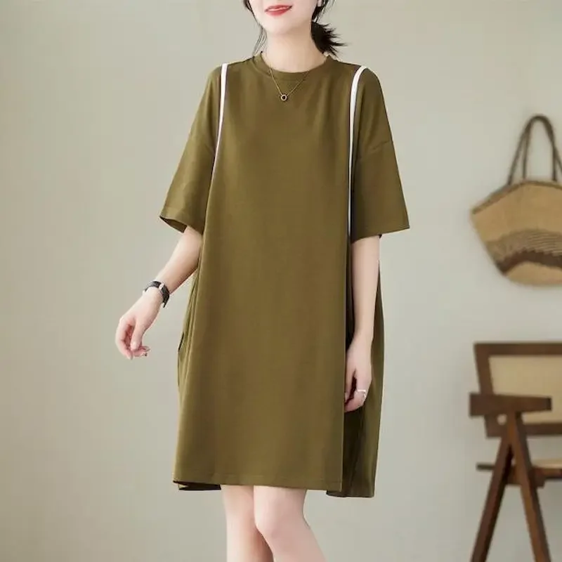 Vestido suelto coreano para mujer, camiseta de retazos a la moda, vestidos informales de manga corta, vestido de gran tamaño, ropa estética de tendencia de verano