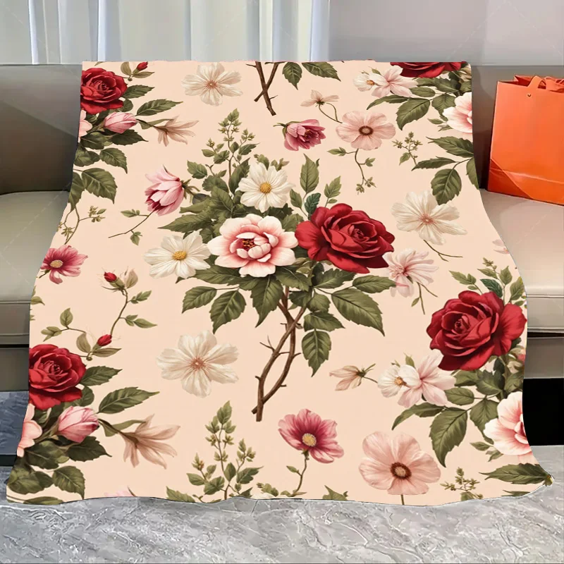

1pc Flannel Blanket Vintage Floral Rose Print Soft Cozy Throw Blanket for Home Decor