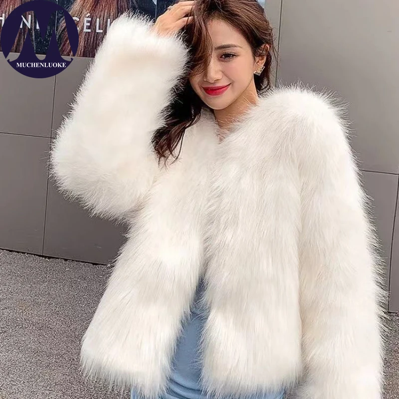 

Women's Fur Coat Autumn Winter Korean Fashion Imitation Fox Fur O Neck Coats Casual Loose Street Trends Thickening Warm Jackets