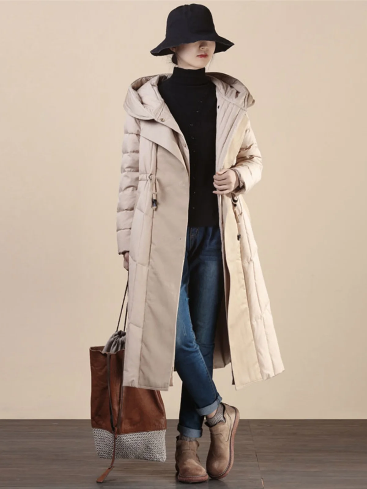 

Ele Women's Long Over-Knee Thiened Du down Jaet Winter Faion High Ne Single Button Nylon Korean Sle Commute Wind