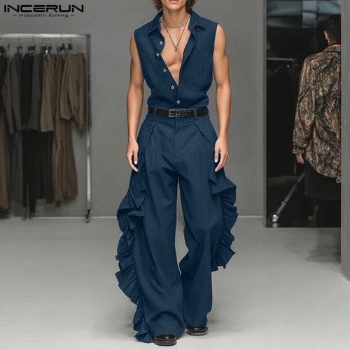 Imagen 1 del producto Conjuntos para hombre INCERUN, camisa y pantalones sin mangas con solapa y volantes lisos, conjuntos de dos piezas, ropa de calle holgada, trajes informales de moda para hombre 2025