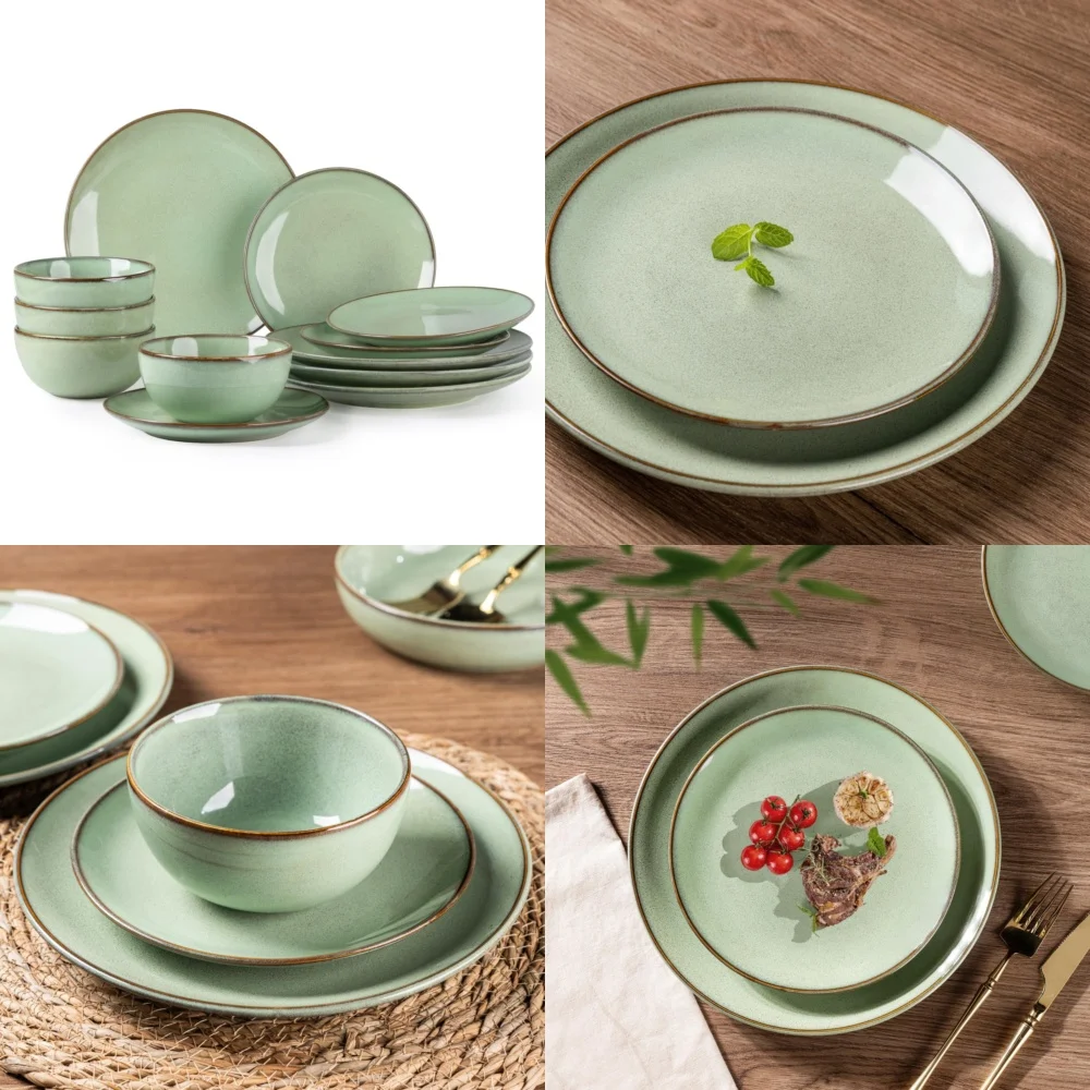 طقم أدوات مائدة سيراميك مكون من 12 قطعة طقم أواني طعام سيراميك تتضمن أطباق وأوعية أدوات مائدة حجرية أنيقة مثالية لـ #1