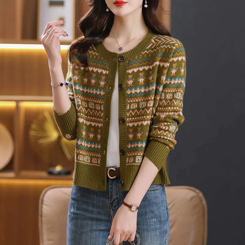 Long Sleeve Cardigan for Women, Jacquard Knit, Loose Sweater, Thin Streetwear, Korean Popular Clothes, Autumn and Winter