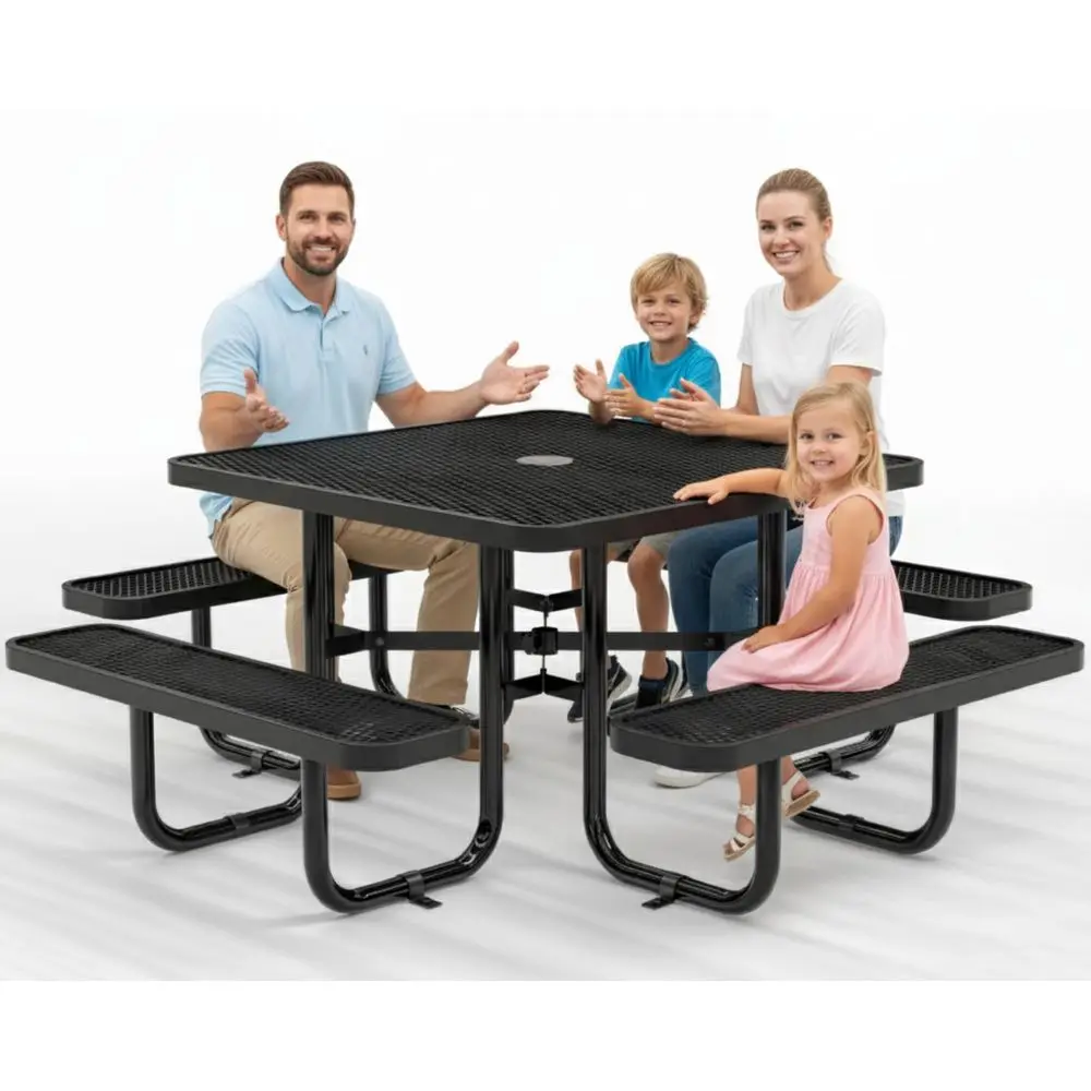 

Picnic Tables for Outdoors with Umbrella Hole Coated Steel Heavy Duty Commercial Grade Furniture Black, 46 in, Square, Expanded