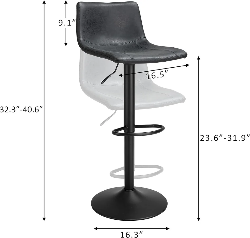 Barkrukken Set Van 2, Draaibare Barkrukken Met Voetensteun En L-Vorm Rug, In Hoogte Verstelbaar Modern , Vintage Leer, Retro Zwart