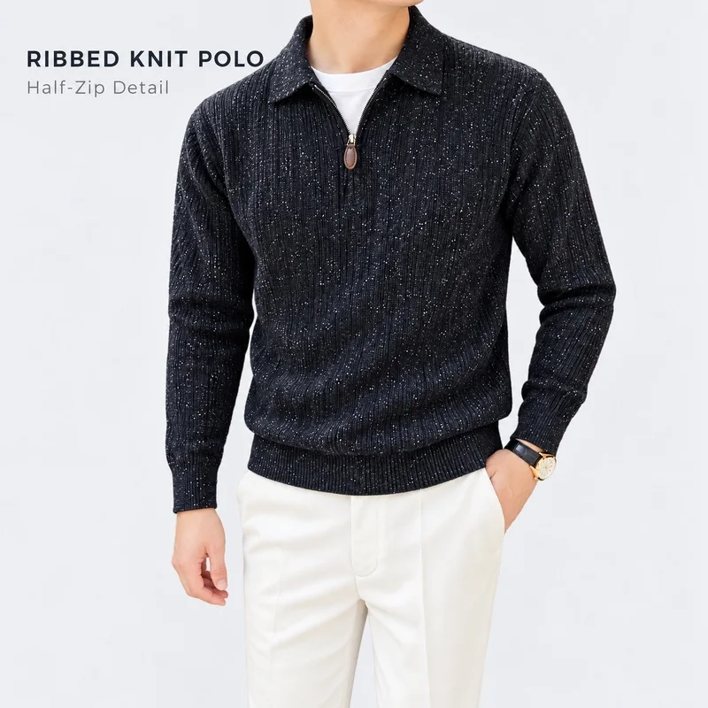 Mens Ribbed Knit Half Zip Polo Sweater Long Sleeve Turn Down Collar Regular Fit Pullover for Autumn Winter Smart Casual Wear