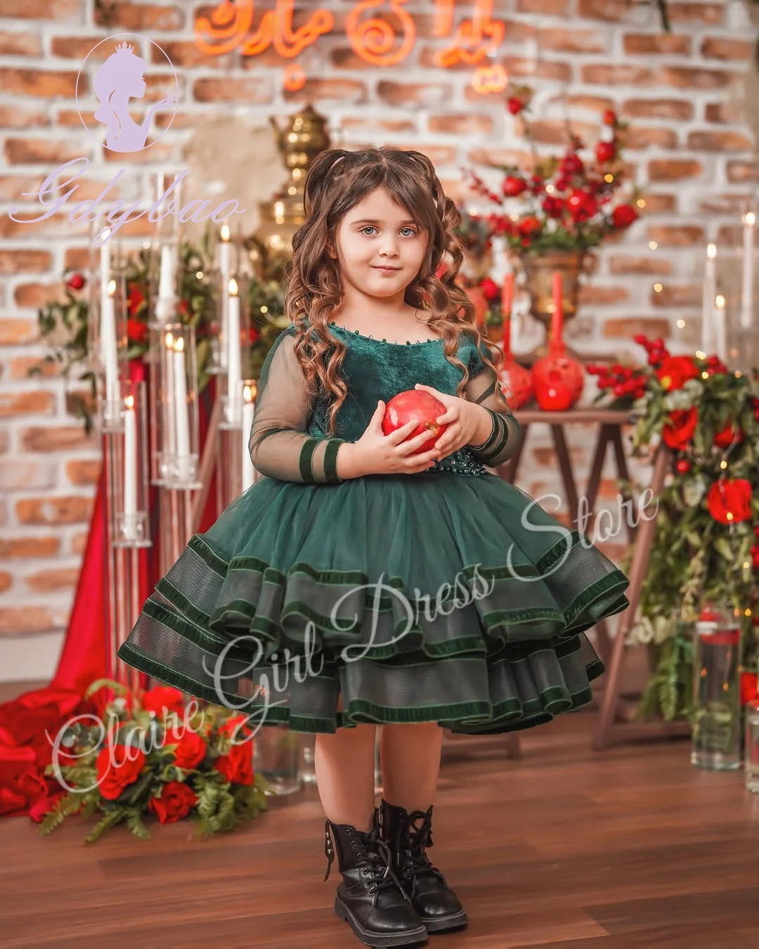 Customized Green Flower Girl Dresses For Wedding Full Sleeves Knee Length Kids Birthday Party First Communion Pageant Gown