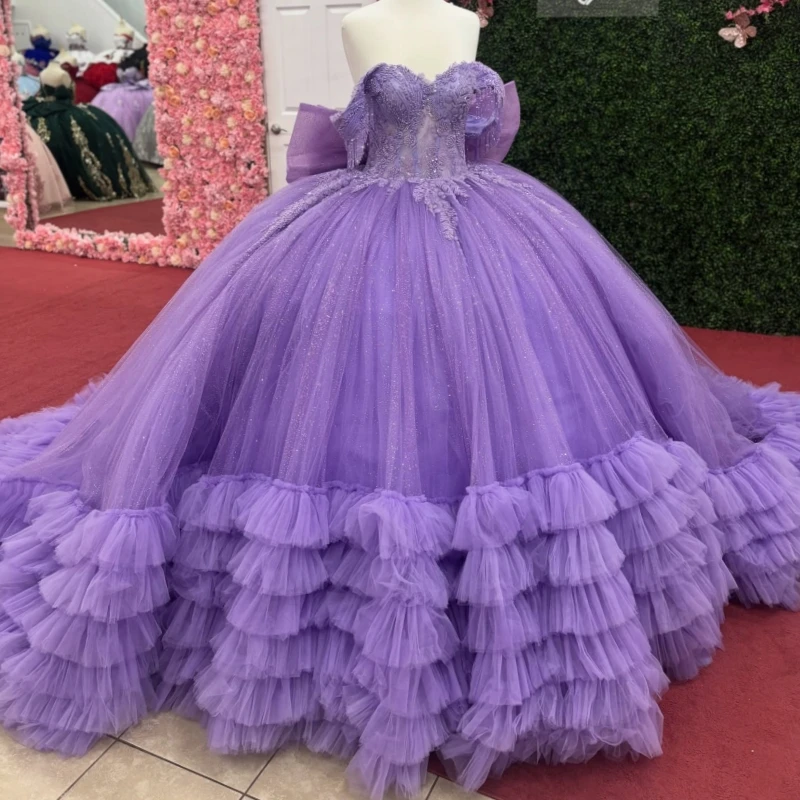 

Lavender Shiny Quinceanera Dresses Off The Shoulder Lace Beading Bow Tiered Tull Party Birthday Sweet 16 Dress Vestidos De 15