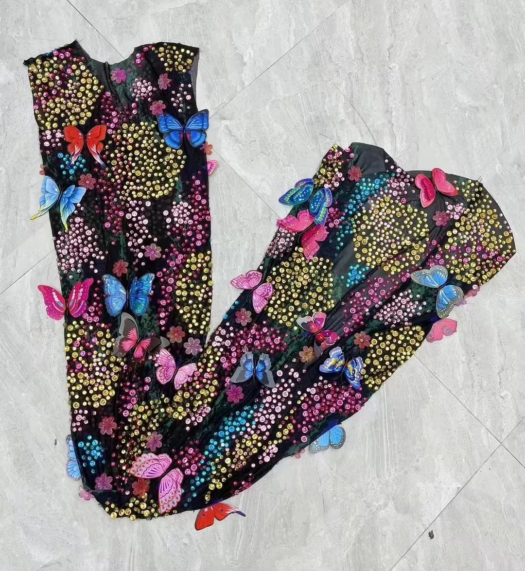 شبكة مخصصة انظر من خلال فساتين السهرة الكريستالية الملونة فراشة الدانتيل فساتين السهرة الملابس النسائية الخريف