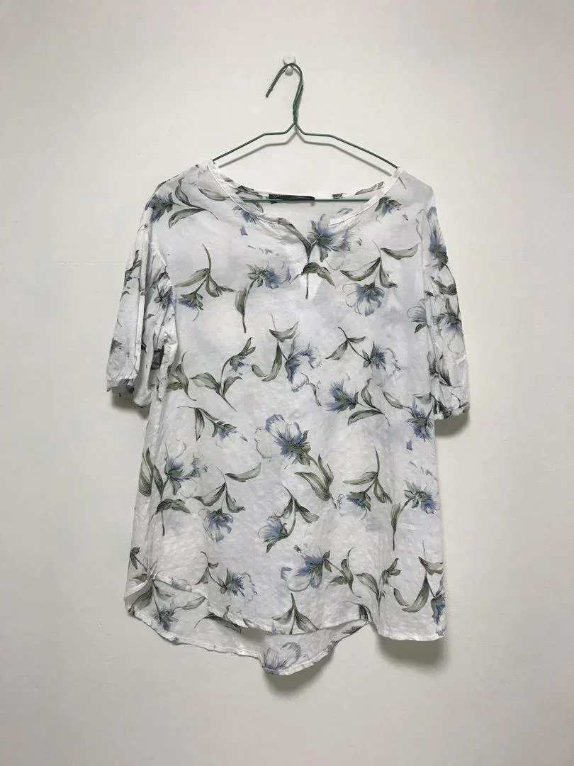 2024 Summer Fashion New Women's Shirt Ethnic Style Printed Cotton and Hemp V-neck Half Sleeve Casual Shirt Top