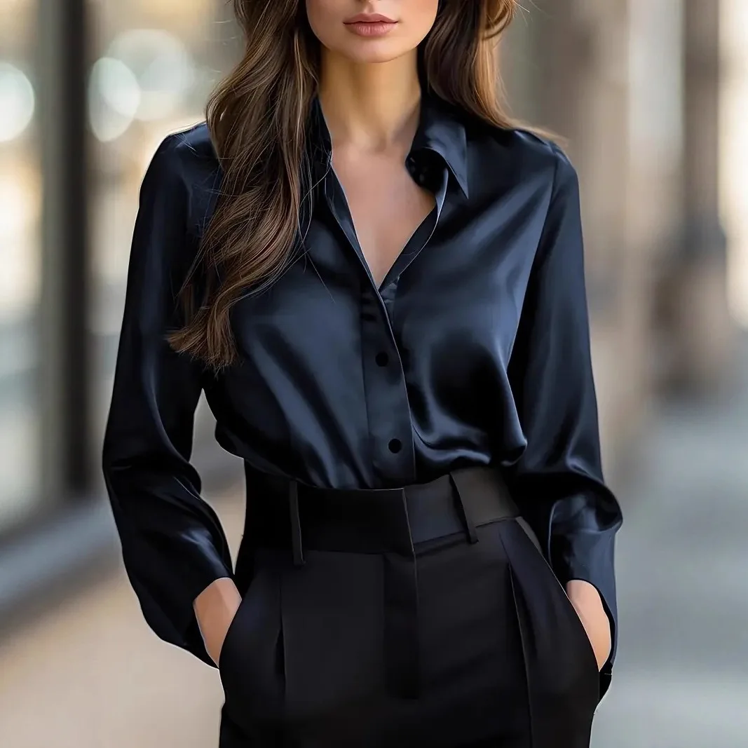 Ele Long Button-Down-Irt für Damen 2025, Sved IRT, Polyesterstoff, V-Ne Svel, andere Materialbluse für Damen