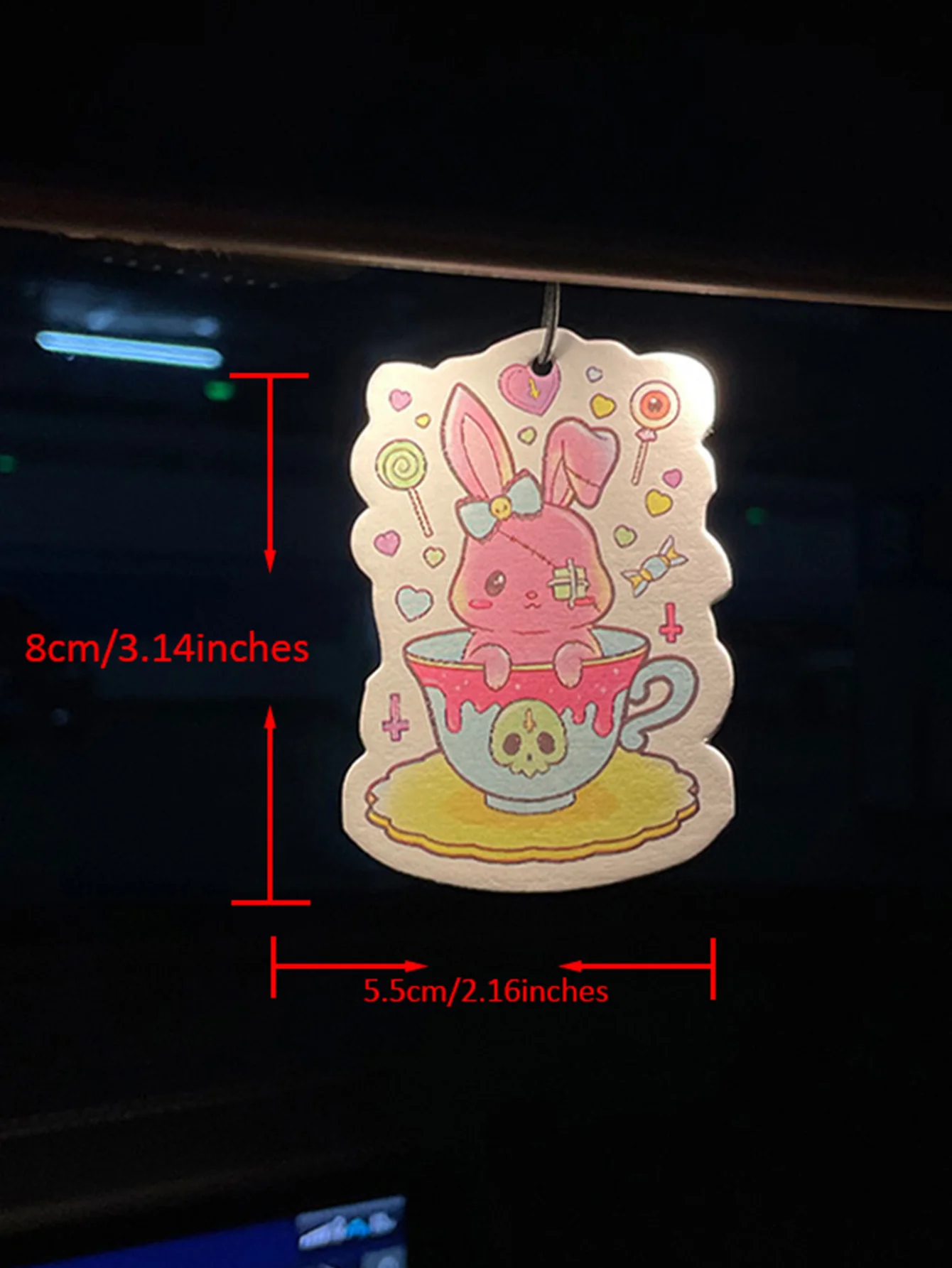 Yami Kawaii Teacup Pink Bunny Hanging Car Air Freshener Scent Card, Pastel Goth Stitched Rabbit in Teacup Auto Scent, Natural Pl