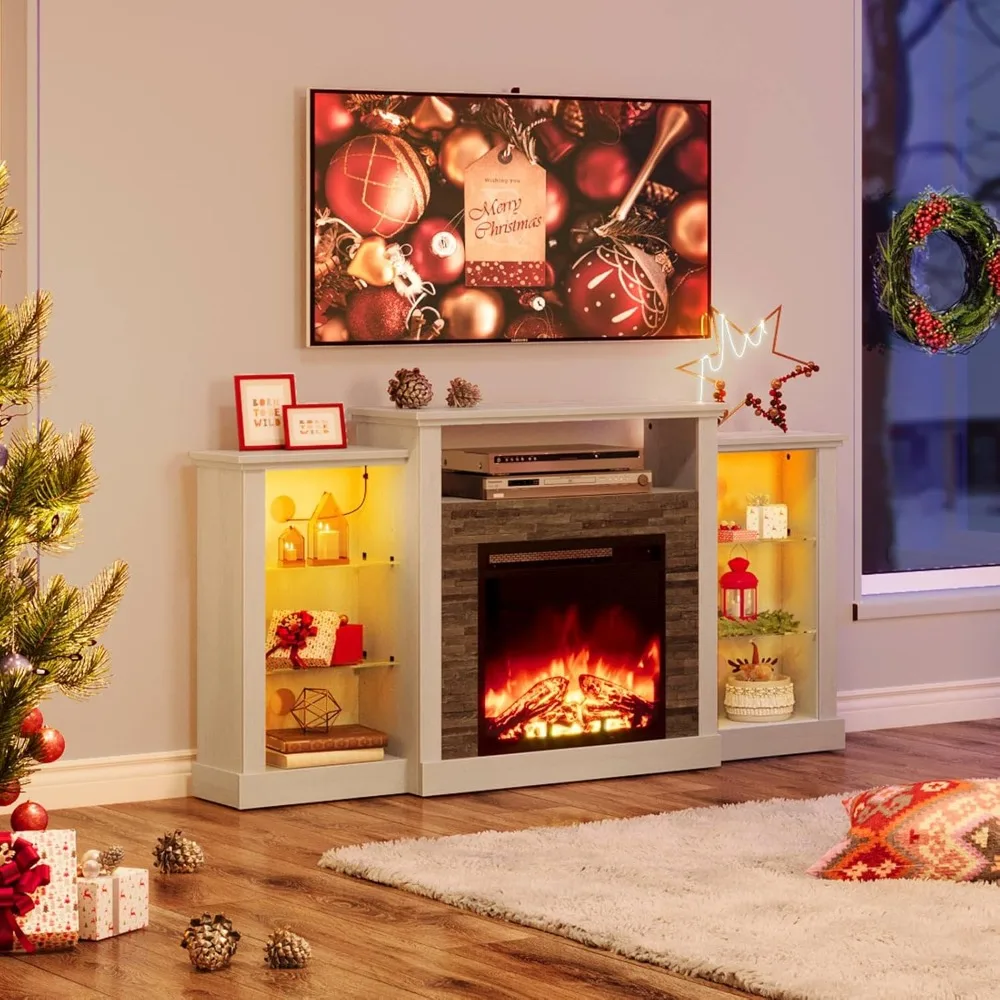 Kamin-TV-Ständer mit LED-Leuchten und Steckdosen, TV-Konsole für 32" 43" 50" 55" 65", Entertainment-Center