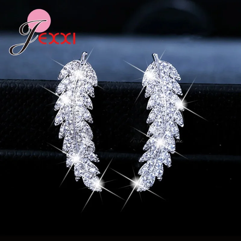 Genuine 925 Sterling Silver Color Tree Leaves Pattern Stud Earrings For Women Girls Fashion Earrings Jewelry Gift 3 Color Option