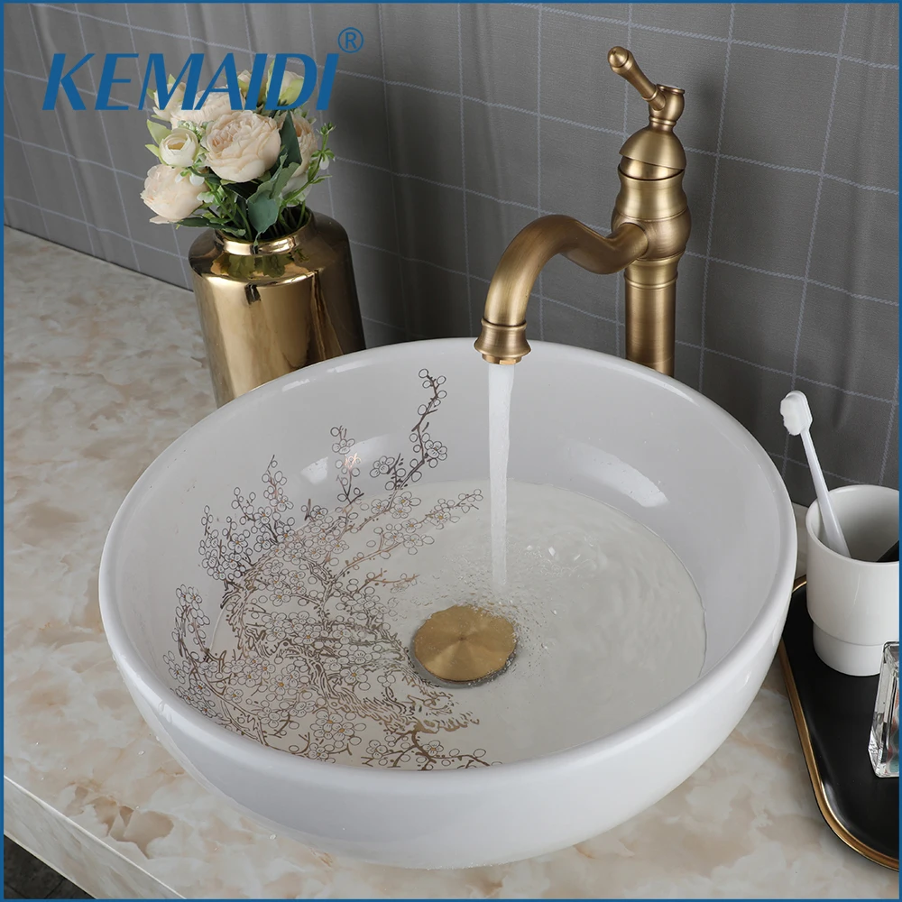 

KEMAIDI Round Vessel Sink Above Counter with Faucet Drain Bathroom Vessel Sinks Deck Mount Ceramic Round Sinks for Bathroom Tap