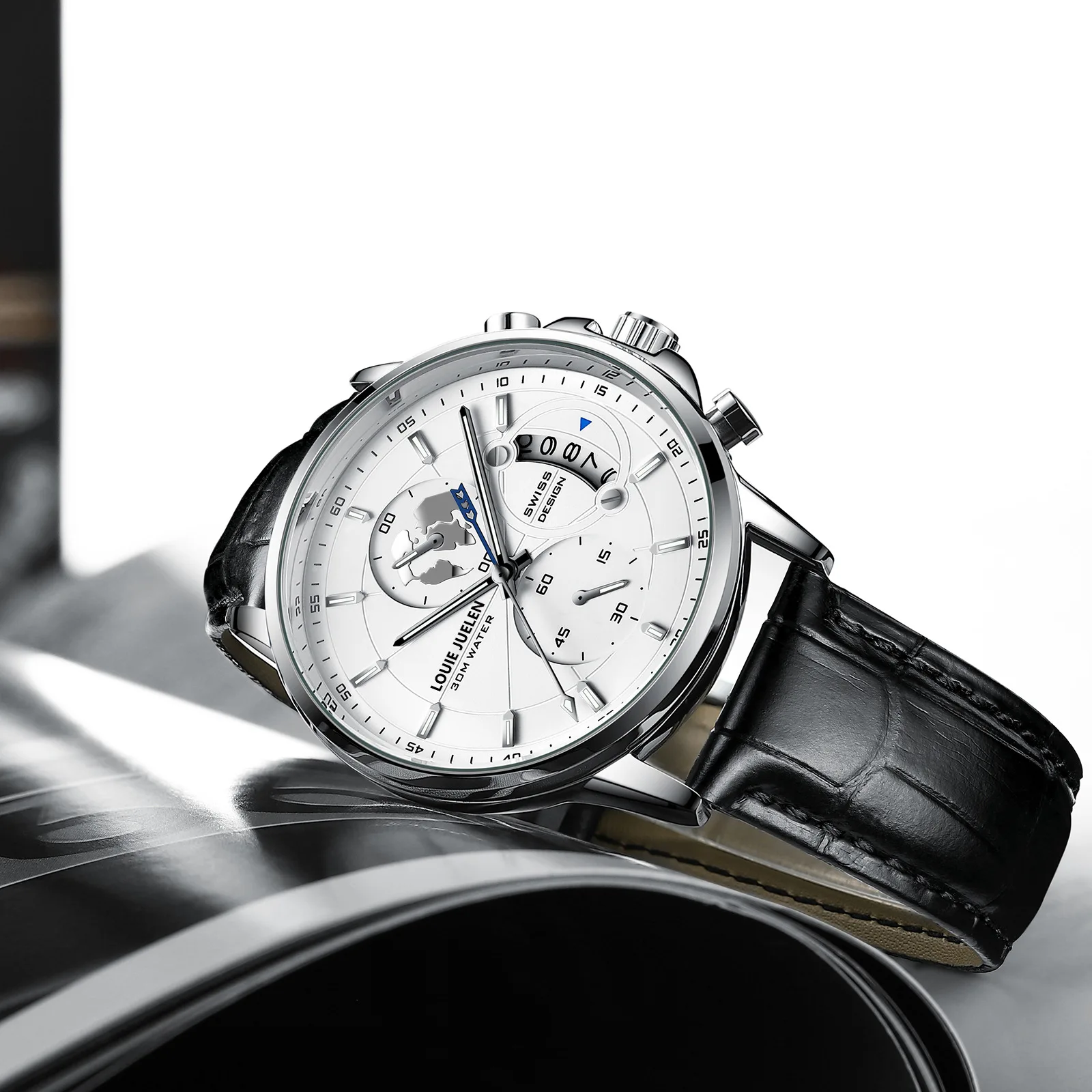 ساعة كوارتز للرجال بقطر 41 ملم وسمك 11 ملم ساعة عمل مخبوزة باللون الأزرق تقويم مستعمل عند الساعة الثالثة