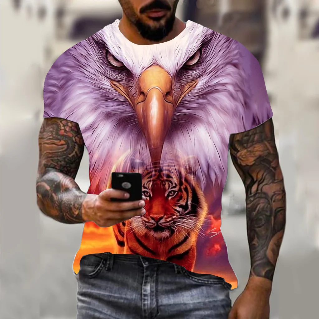 Summer Eagle Lion Wolf Fierce T-Shirt Animalharajuku Men's T-Shirt Hip Hop Trend Street Casual O- Neck Short Sleeve Loose Top