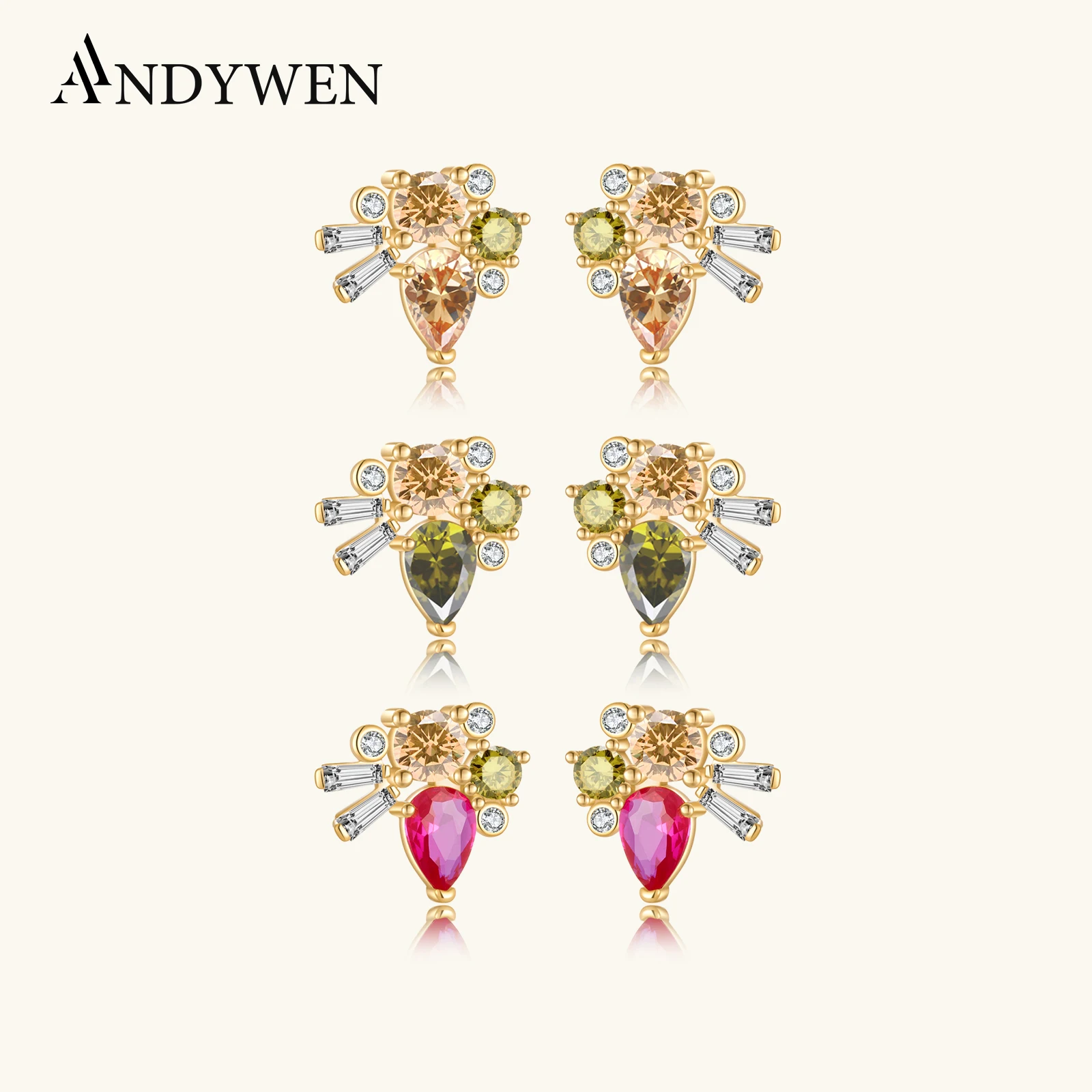 ANDYWEN 925 Sterling Silver Gold Rose Red Stud Earring Piercing Ohrringe Pendientes Luxury Fashion Fine Jewelry For European