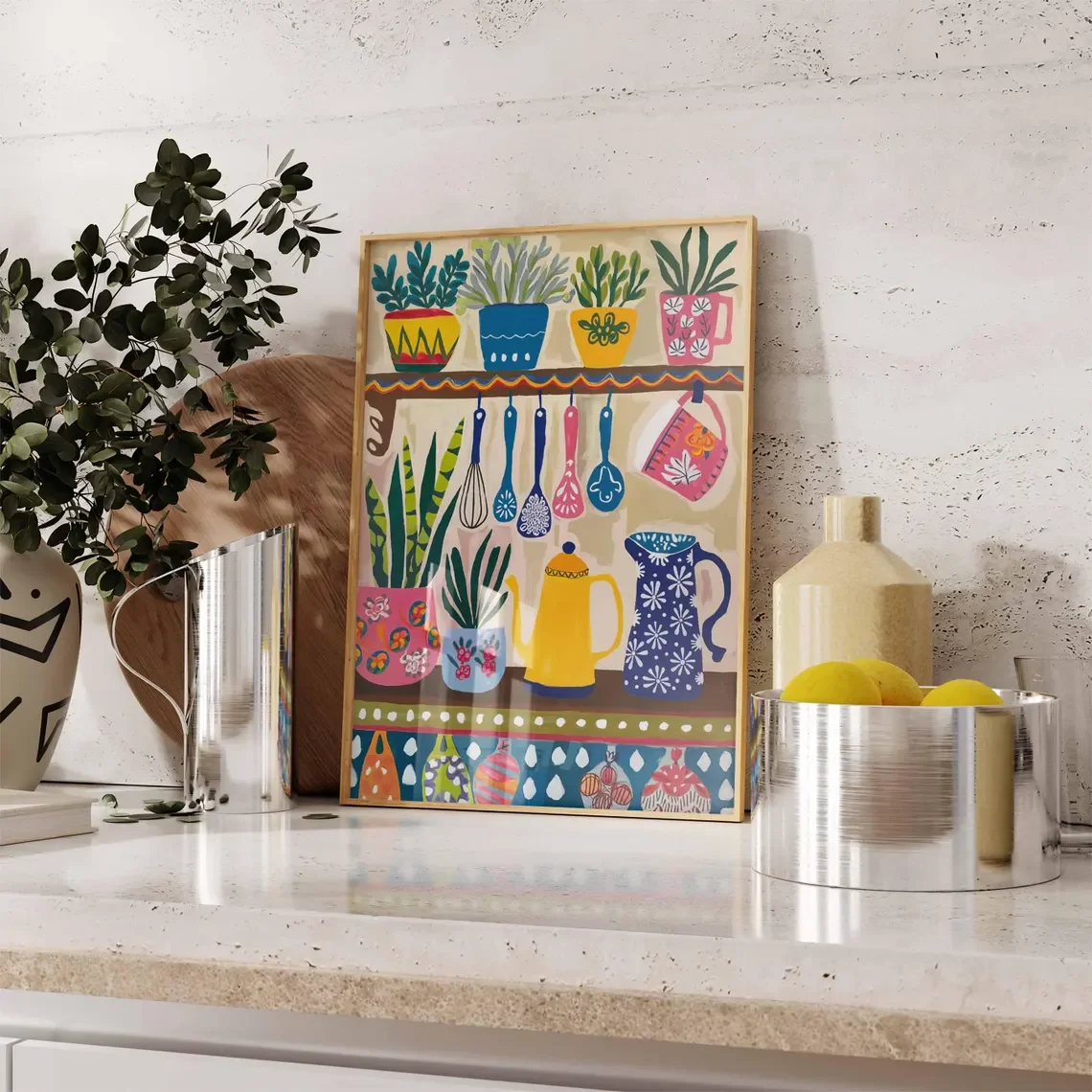 Colorful Kitchen Wall Art, Kitchen Decor, Floral Poster, Boho Scandinavian Decor, Kitchen Poster, Shelf Poster With Utensils and image 2