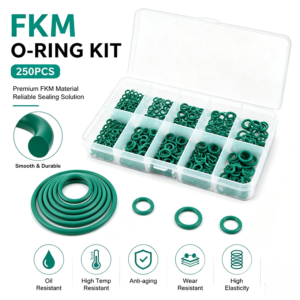 250pcs Green FKM O Ring Sealing Gasket Heat Resistance High Hardness Corrosion  Fluorine Rubber Seal O-rings Kit