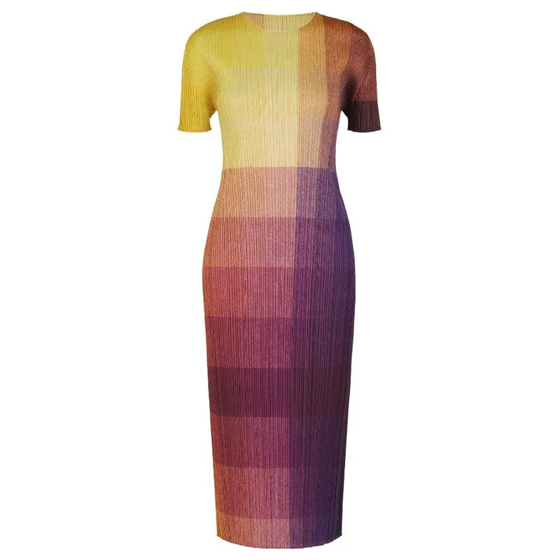 ISSEY Printed Color Gradient Gradual-Length Slim-Fitting Round-Neck Short-Sleeve Ruffled Dress