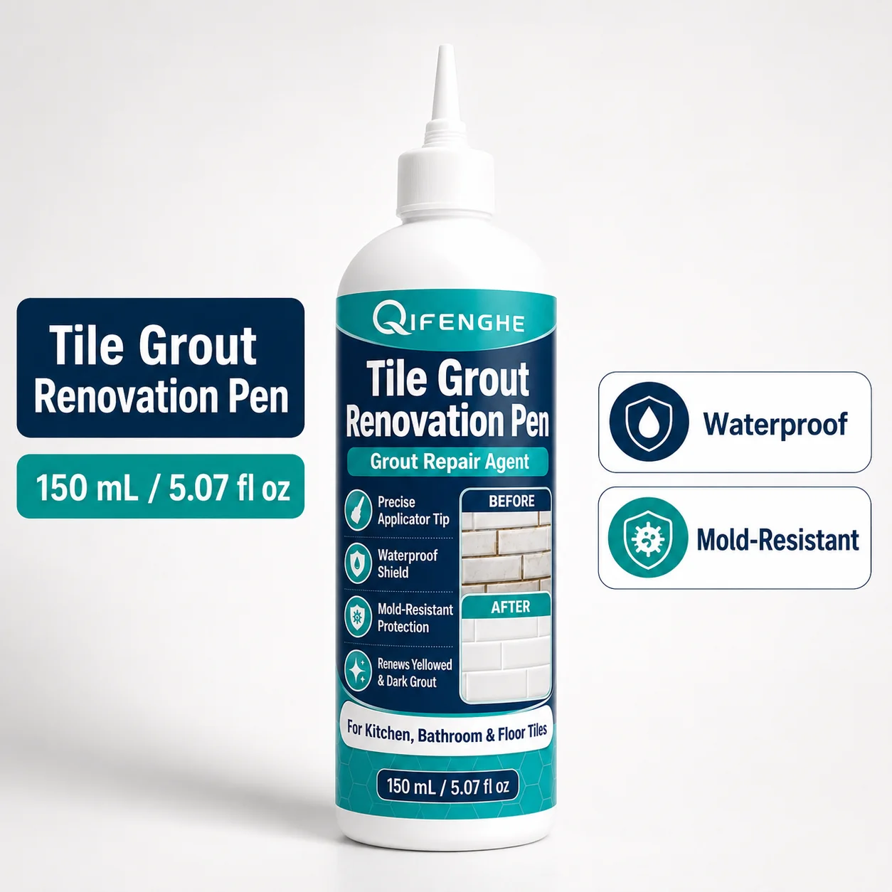 Tile Grout Renewal Pen 150ml, Waterproof Anti-Mold Grout Sealer Marker, Tile Joint Whitener Restorer for Kitchen Bathroom