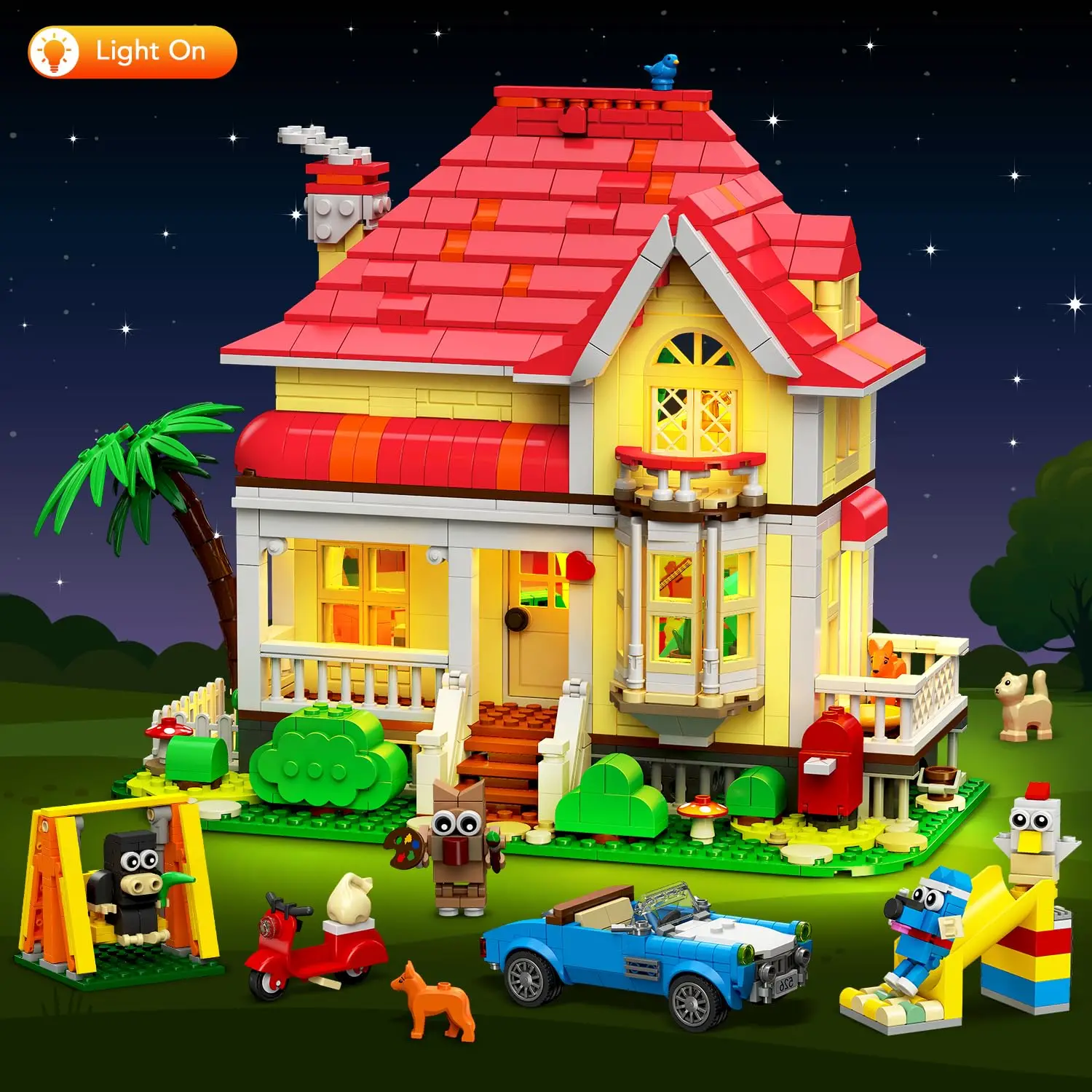 HOGOKIDS Girls House Building Set with LED–Fairy-Tale Villa Block Toy with Car Slide Swing & 4 Cute Animals Kit Gift for Kids6+