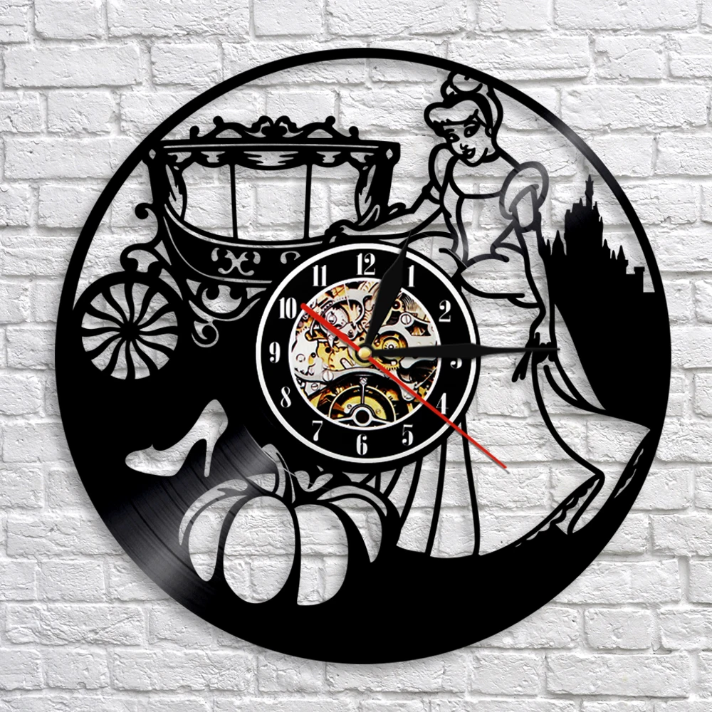 Princess Cinderella Exclusive Wall Clock Made Of Vinyl Record Classic Fairy Tale Home Decor Silent Wall Clock For Girls Bedroom