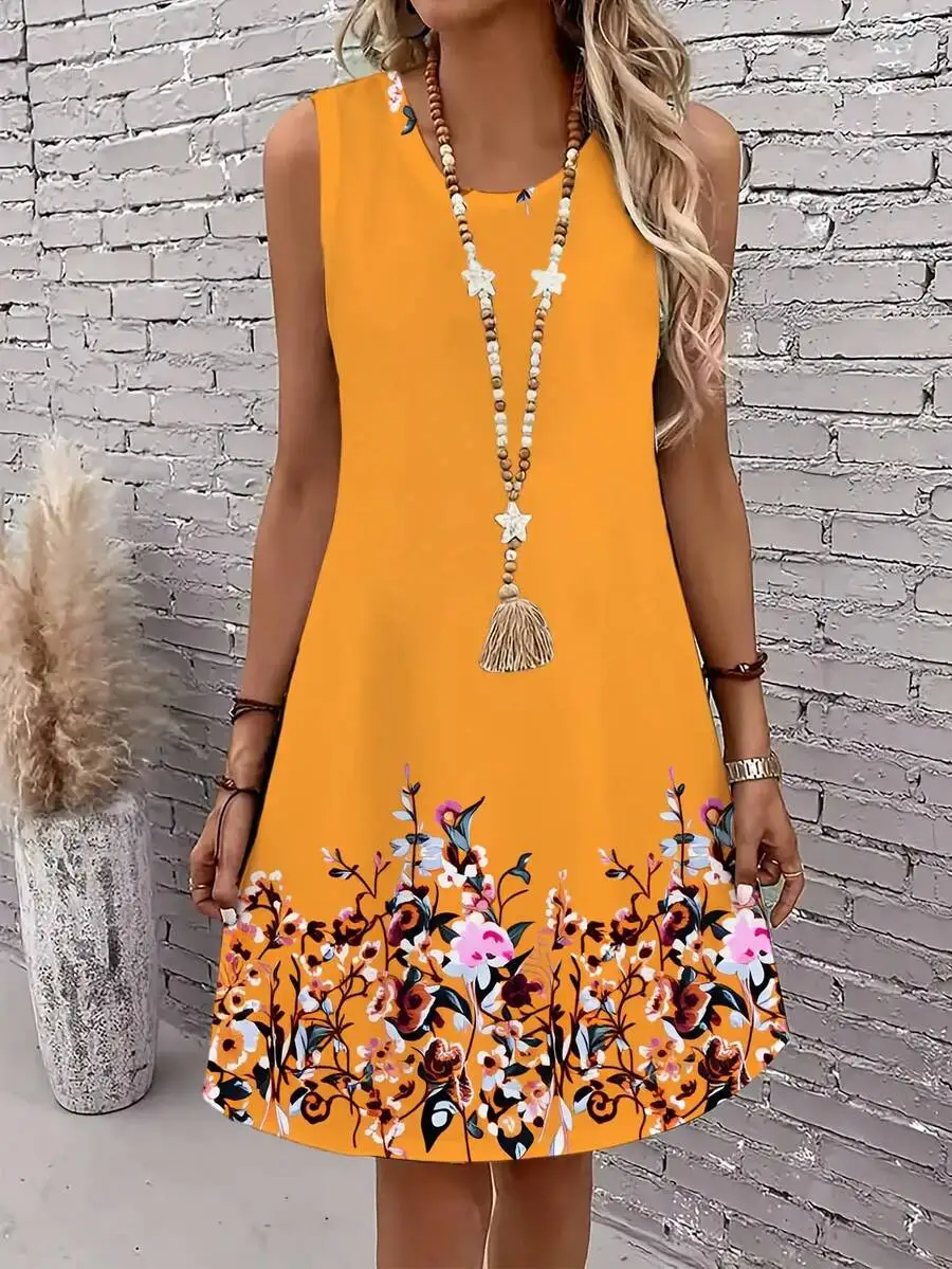 

Floral Print Sleeveless Round Neck Dress For Women Casual Summer Beach Dress