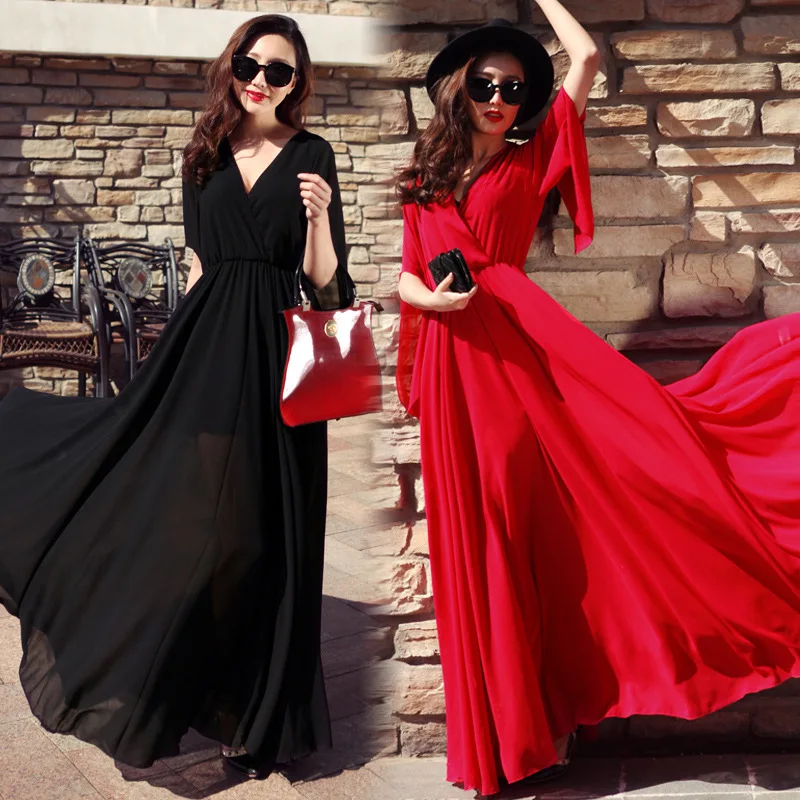 Summer V-Neck Chiffon Dress Women's 2024New Korean Long Dresses Beach Bohemian Sundress Female Trumpet Sleeve Party Vestidos 3XL