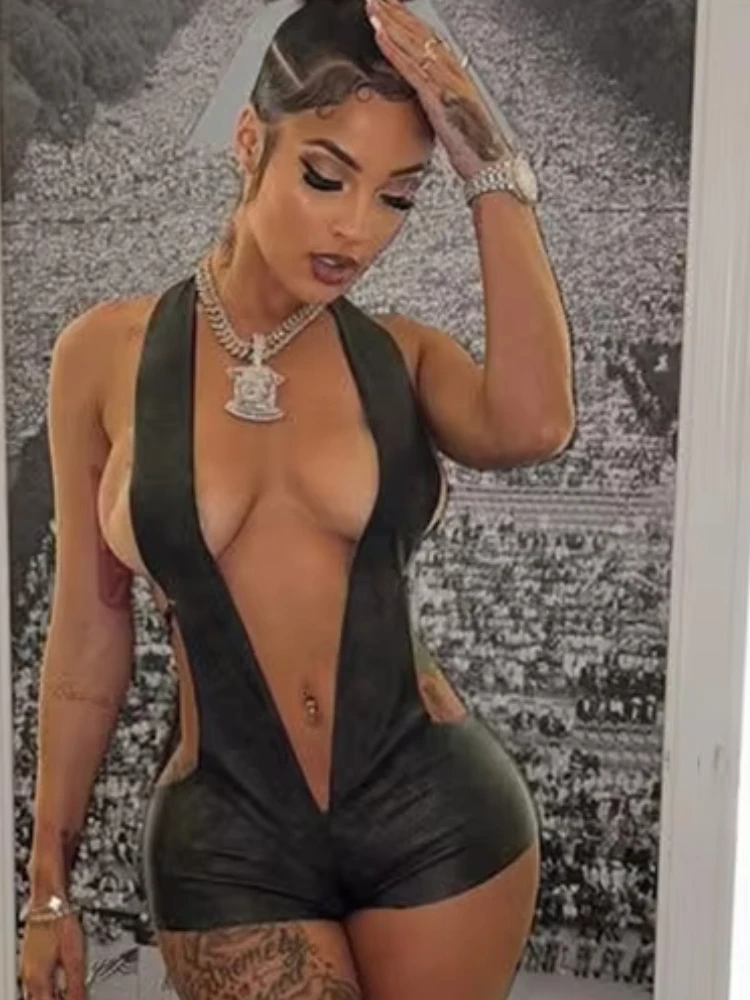 

Whatiwear Backless Playsuits Woman Faux Leather Halter Deep V-Neck Side Hollow Design Lace-Up Hottie Style Sexy Fashion Rompers