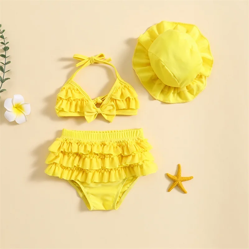 0-24M Fashion Summer Newborn Baby Girls Swimwear Bikini Set Cute Bow Droop Neck Tops+Layered Ruffles Shorts+Hat Beachwear